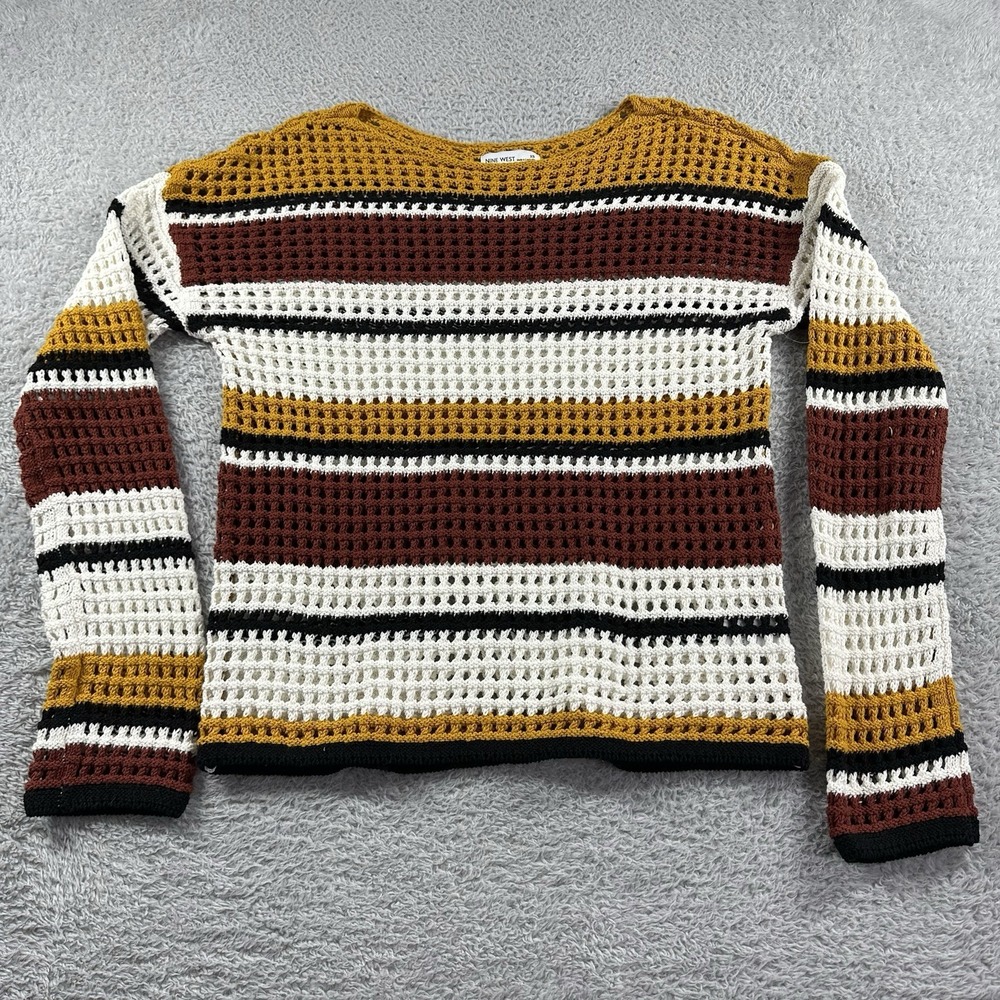 Nine West Open Knit Sweater WOmens XS Stripe Earth Tones Crew‎ Ivory Red Retro